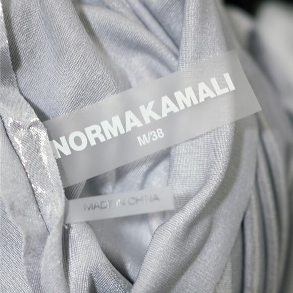 Norma Kamali One Shoulder Lame Mini Dress Silver Metallic Ruffle Drape SZ M - Picture 7 of 9